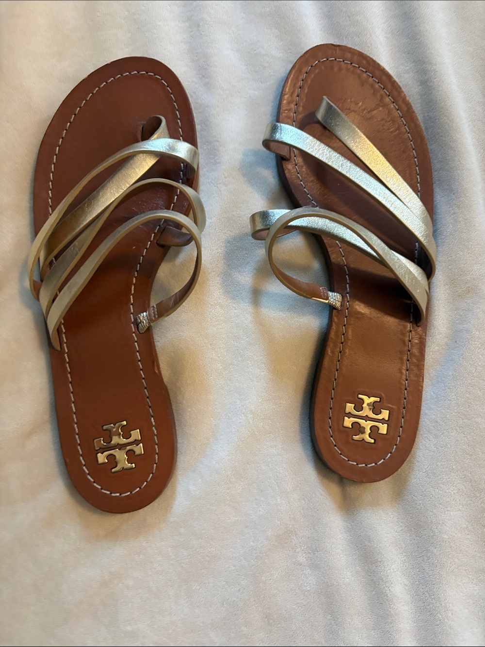 Tory Burch Brown Leather Slides with Gold Metallic Straps